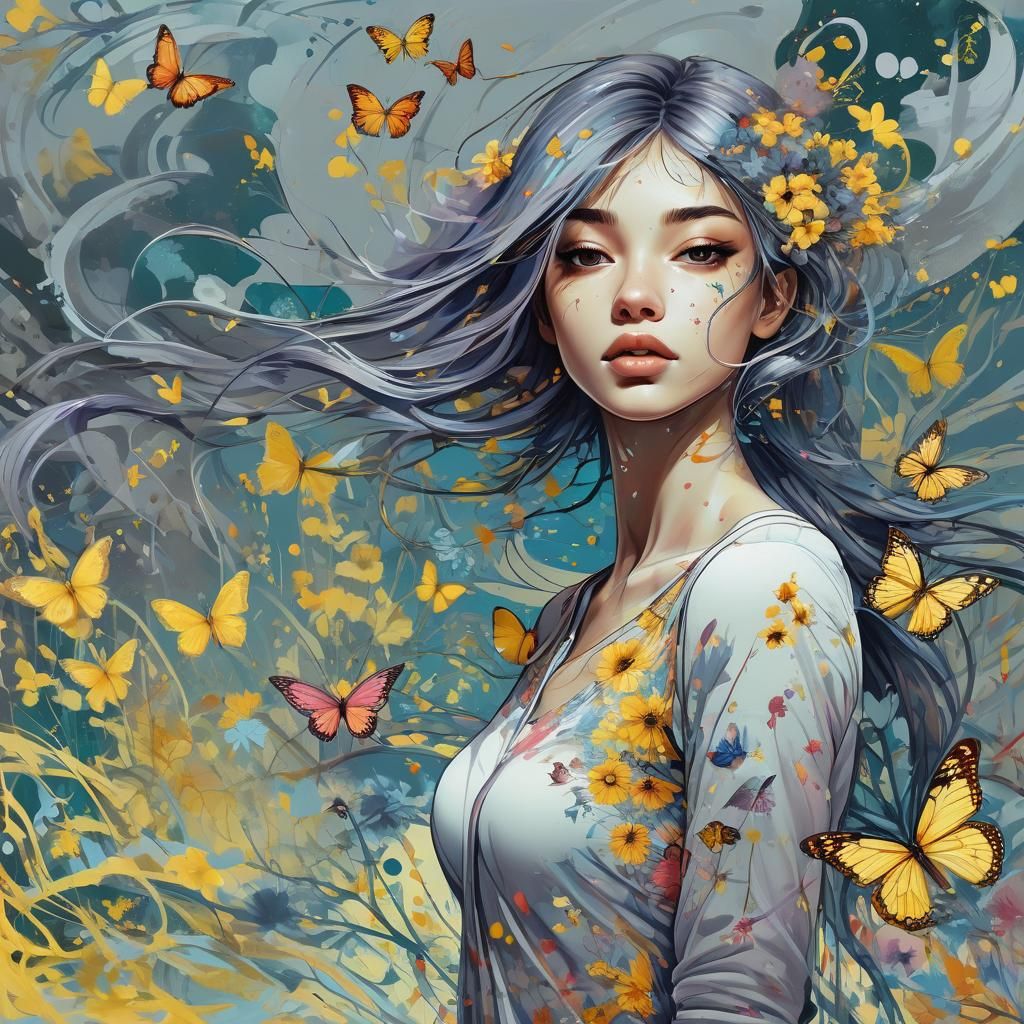 Beautiful Girl in Field of Flowers: Graffiti Art Style