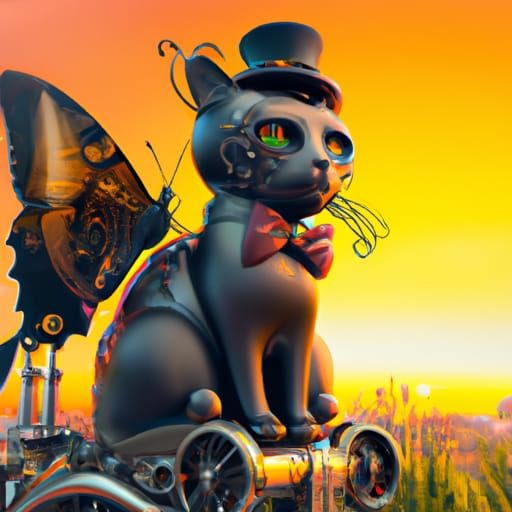 Steampunk Butterfly and Cat at Sunrise: 3D Digital Art