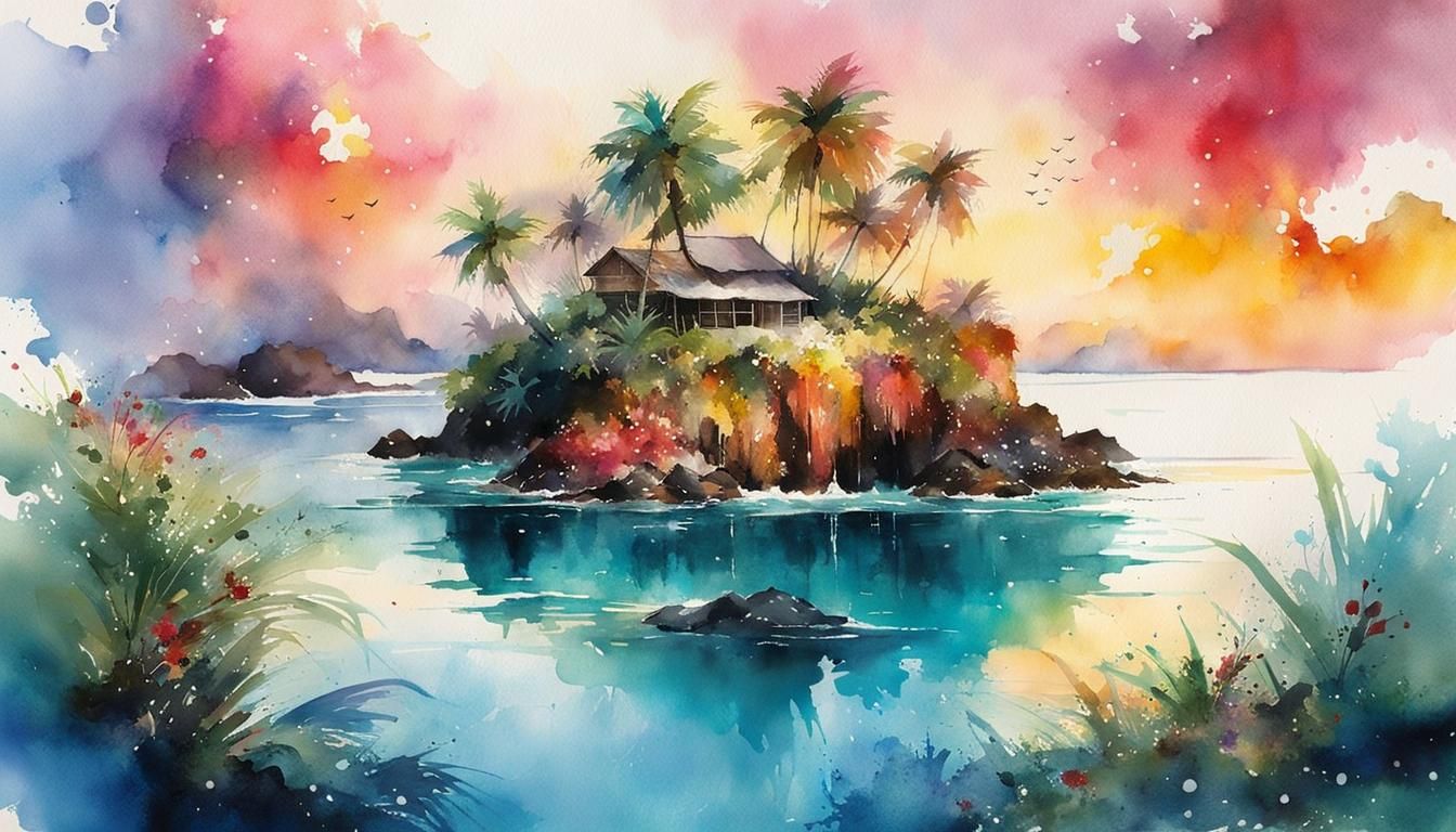 Island Oasis at Christmas in Watercolor Style
