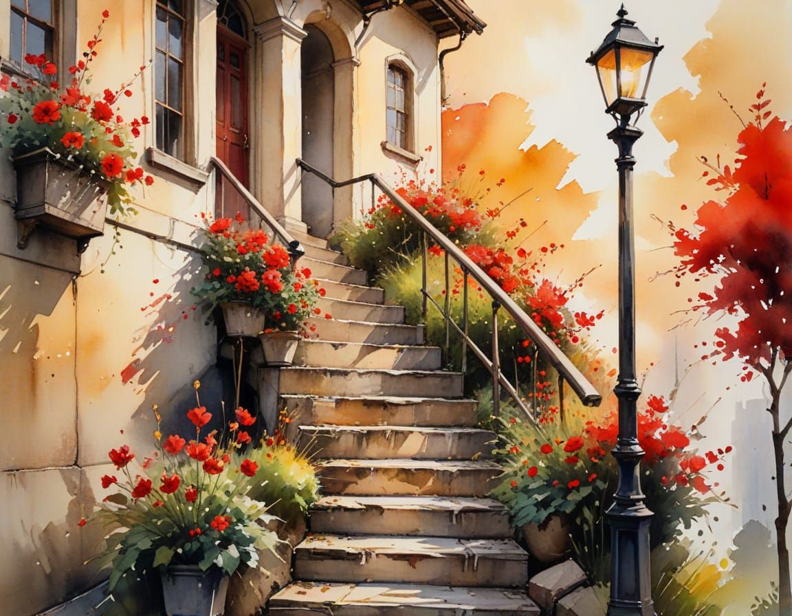 Watercolor Staircase with Red Flowers in Haenreats Style