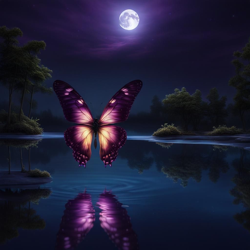 Bioluminescent Butterfly over Moonlit Pond in Digital Painti...