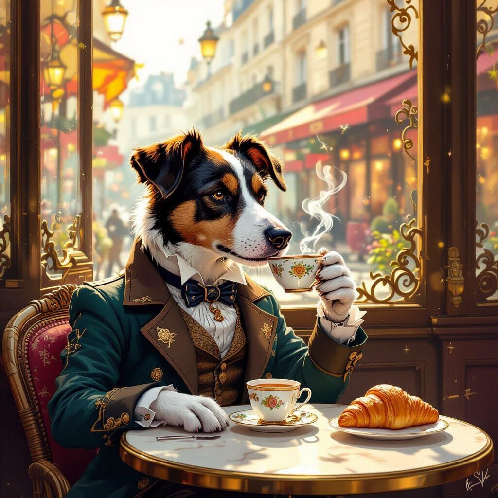 A whimsical scene of an anthropomorphic dog, dressed in a stylish, off-duty steampunk outfit, relaxing in a cozy Parisia...