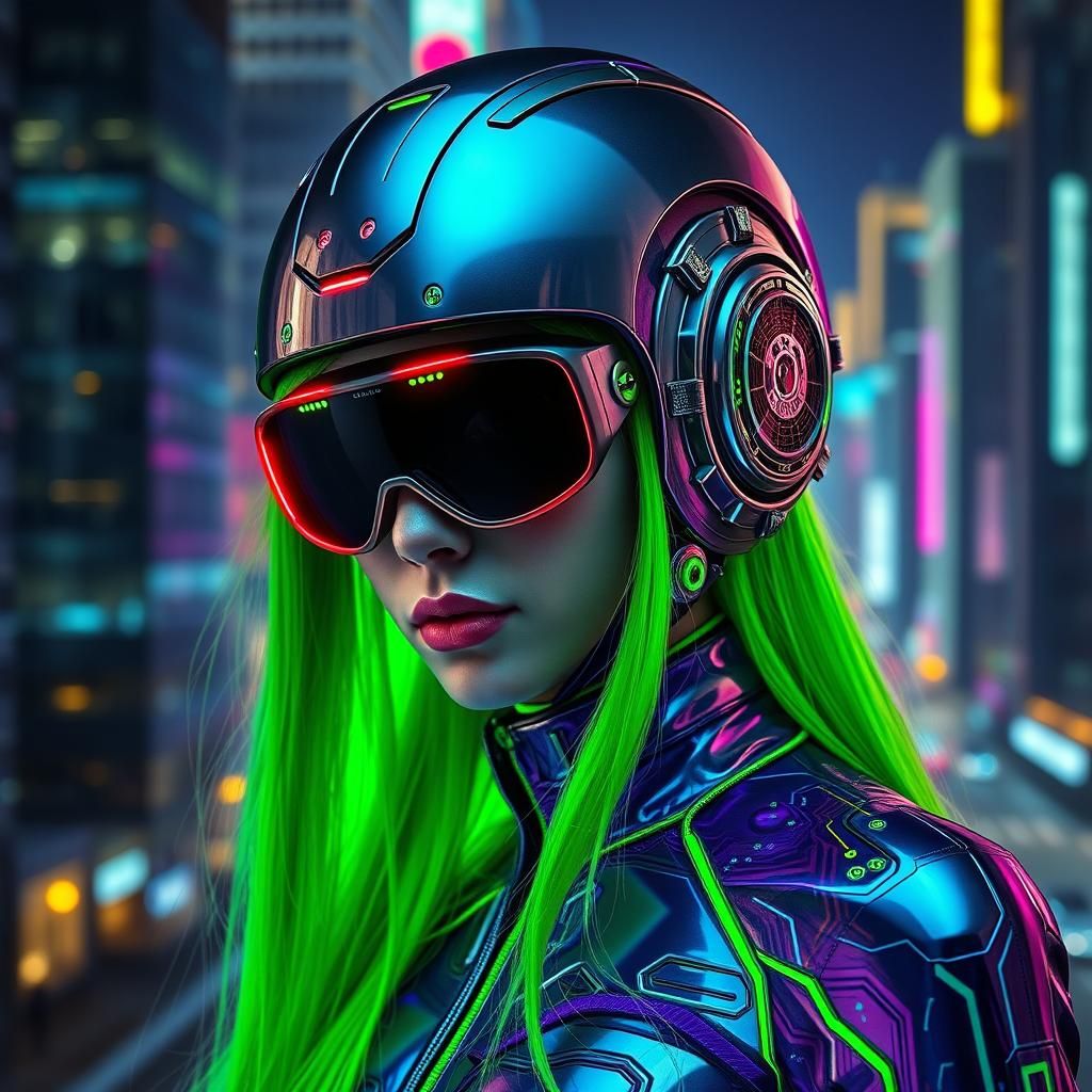 Cyber-Girl with Metallic Helmet in Cyberpunk City