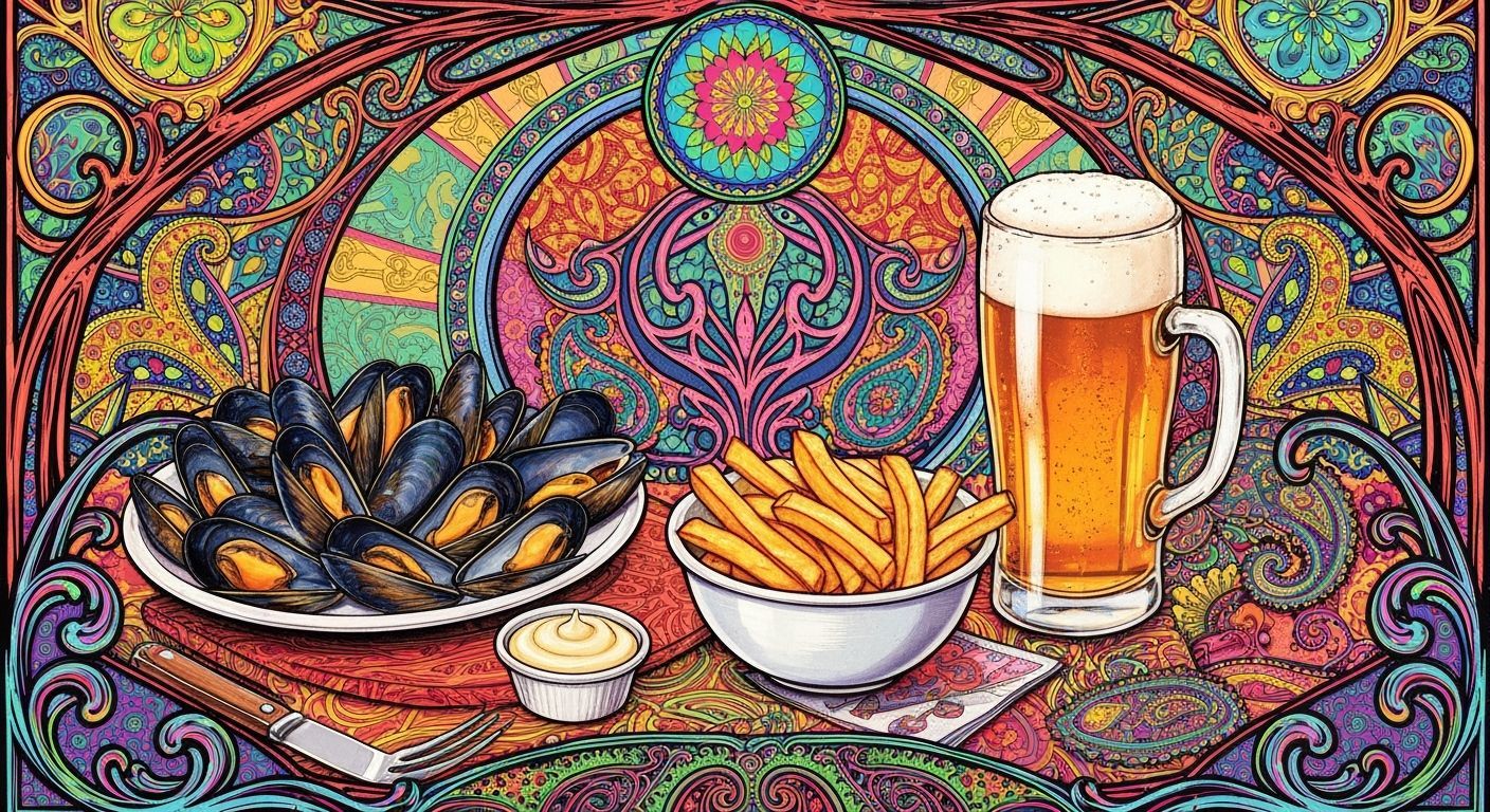 Belgian Seaside Tavern Feast in Psychedelic 60s Style