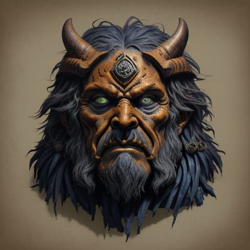 Ancient, Mystical Red Oni Mask in Dramatic, High-Contrast Se...