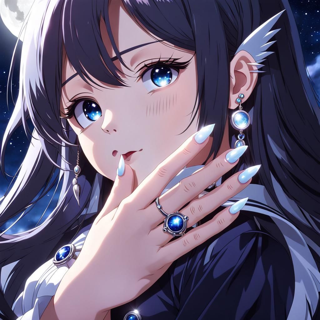 Anime Close-Up: Female Hand with Moon Rings