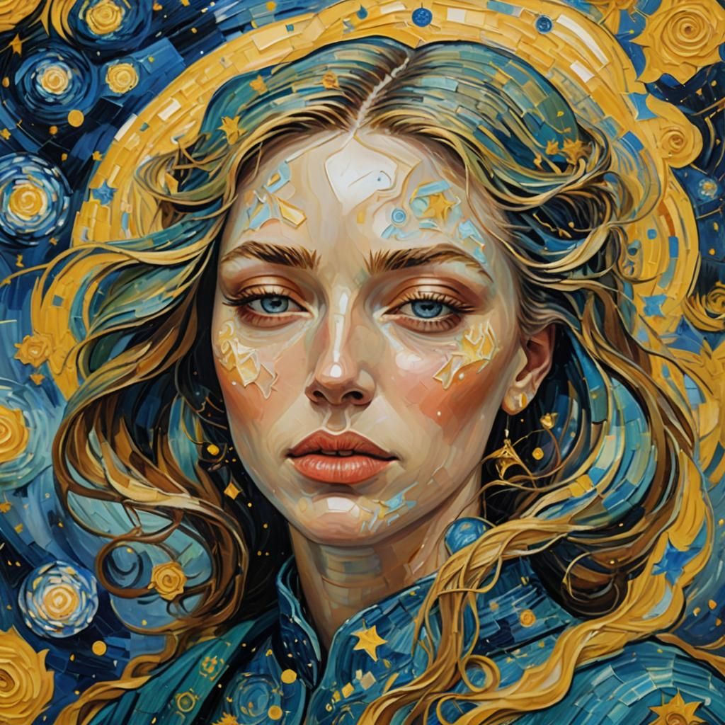 Girl Crying in Space: Van Gogh-Inspired Portrait