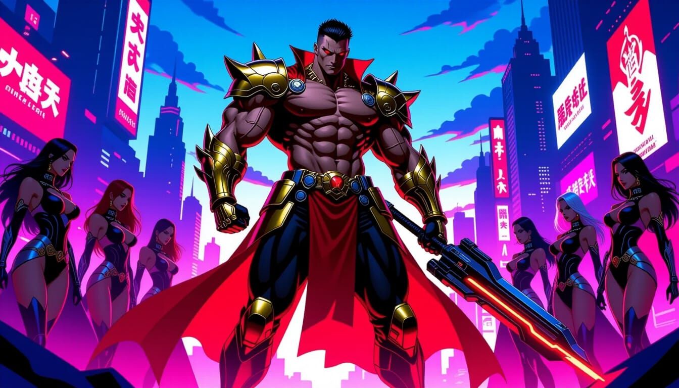 Cyberpunk Warrior in Manga Style Neon Cityscape
