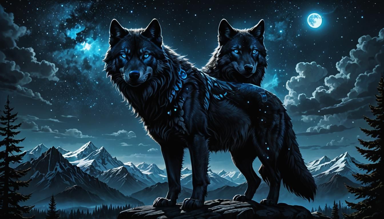 Majestic Obsidian Wolf Under Vivid Night Sky