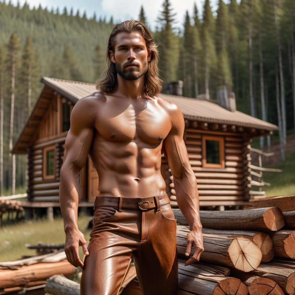 Young Man Near Forest Cabin