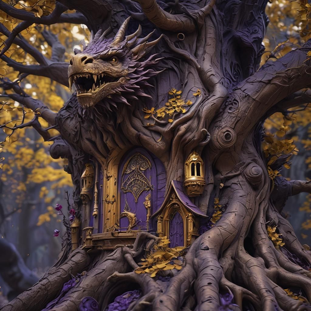 Enchanted Wooden Castle with Dragons, Fantasy Art Nouveau