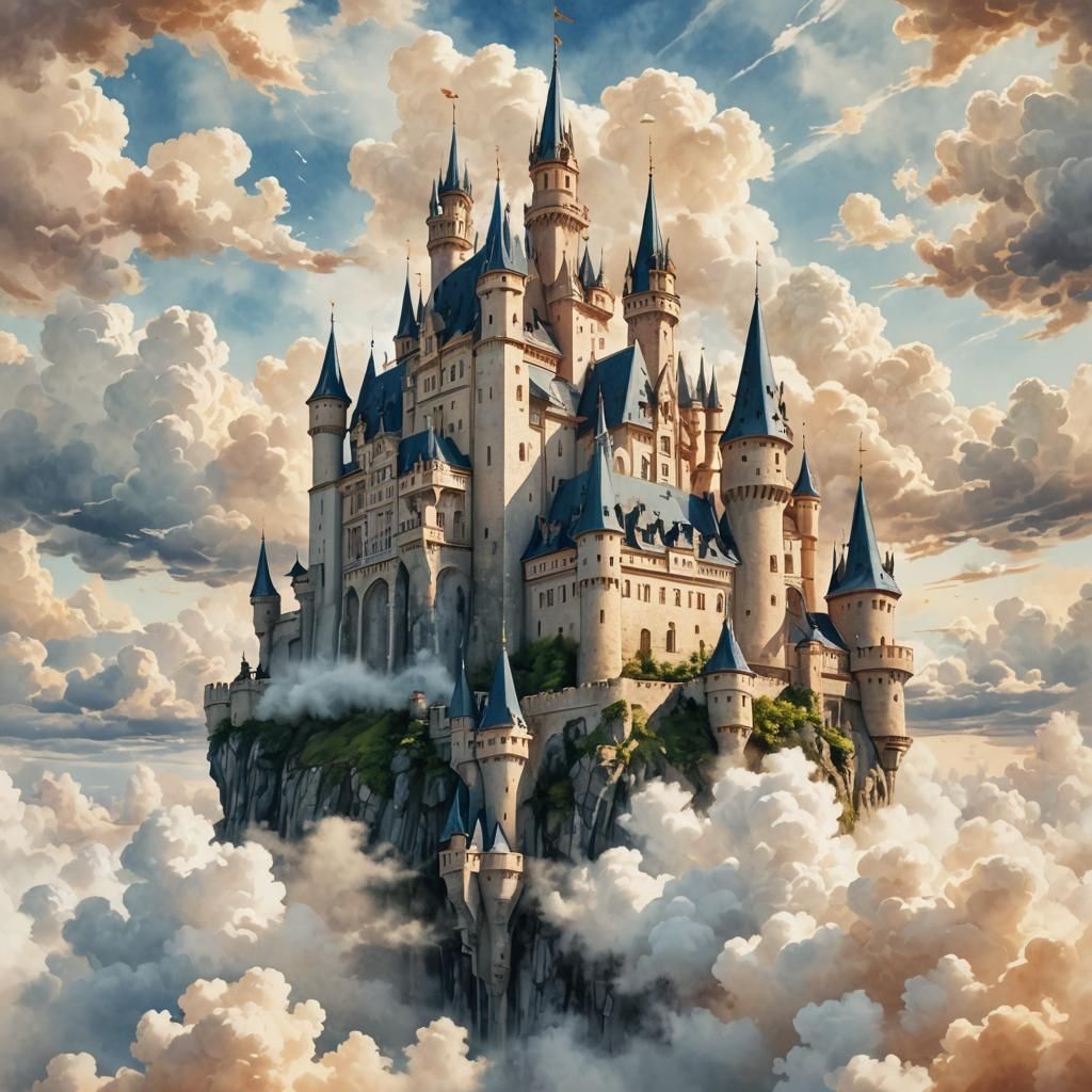 Dreamlike Castle in the Clouds: Watercolor Style