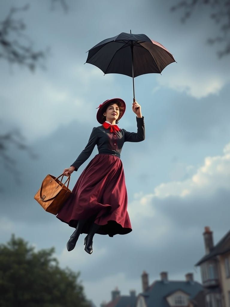 Vintage-Style Mary Poppins Descends with Umbrella and Bag