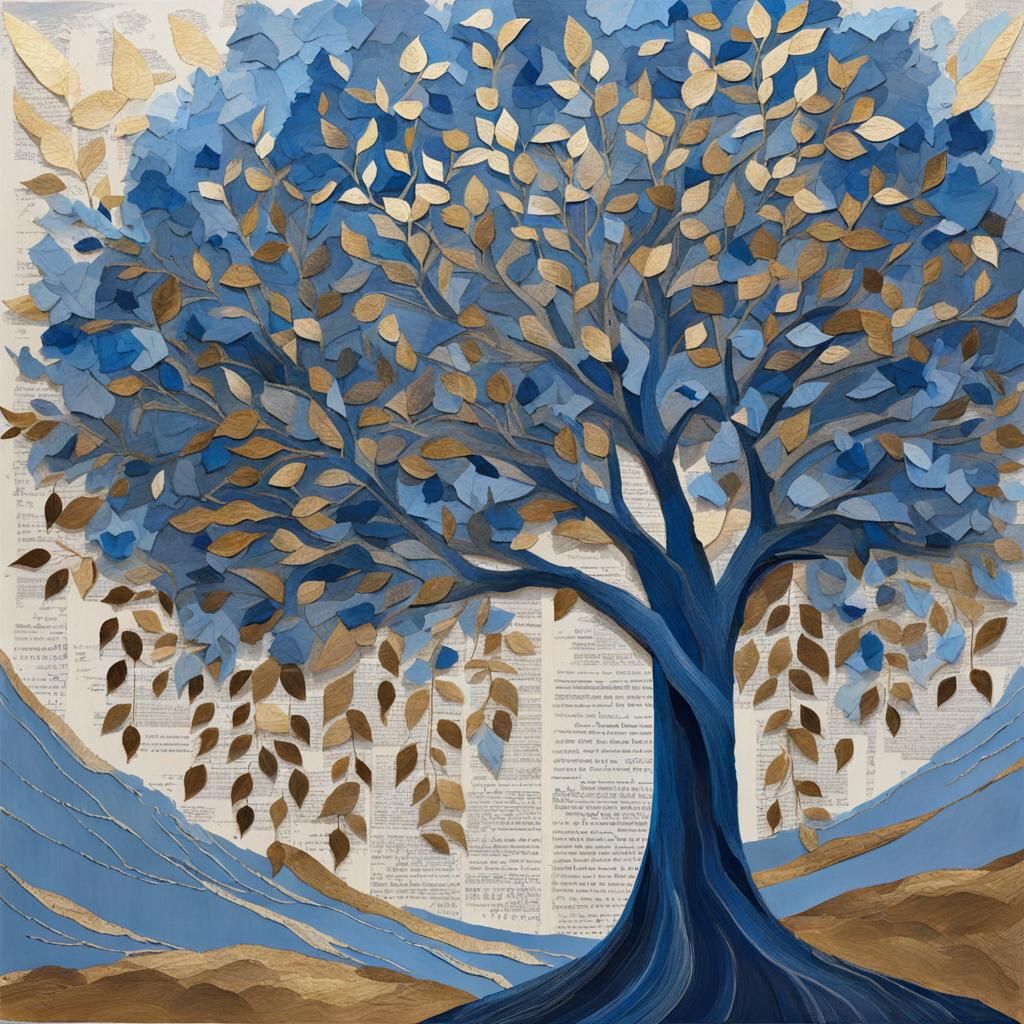 Blue Tree Collage: Softness and Peace in Gouache Style