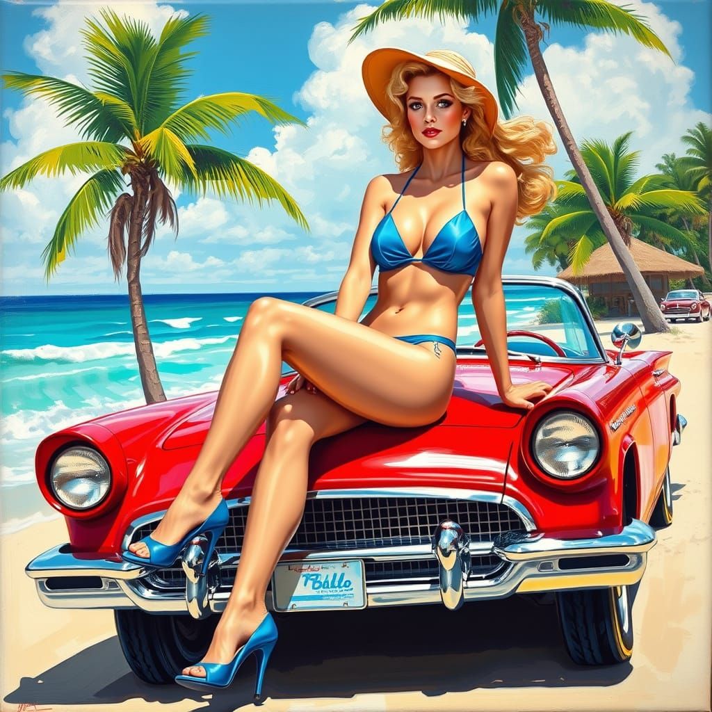 Blond Pin-Up on Red Thunderbird, in Oil Style