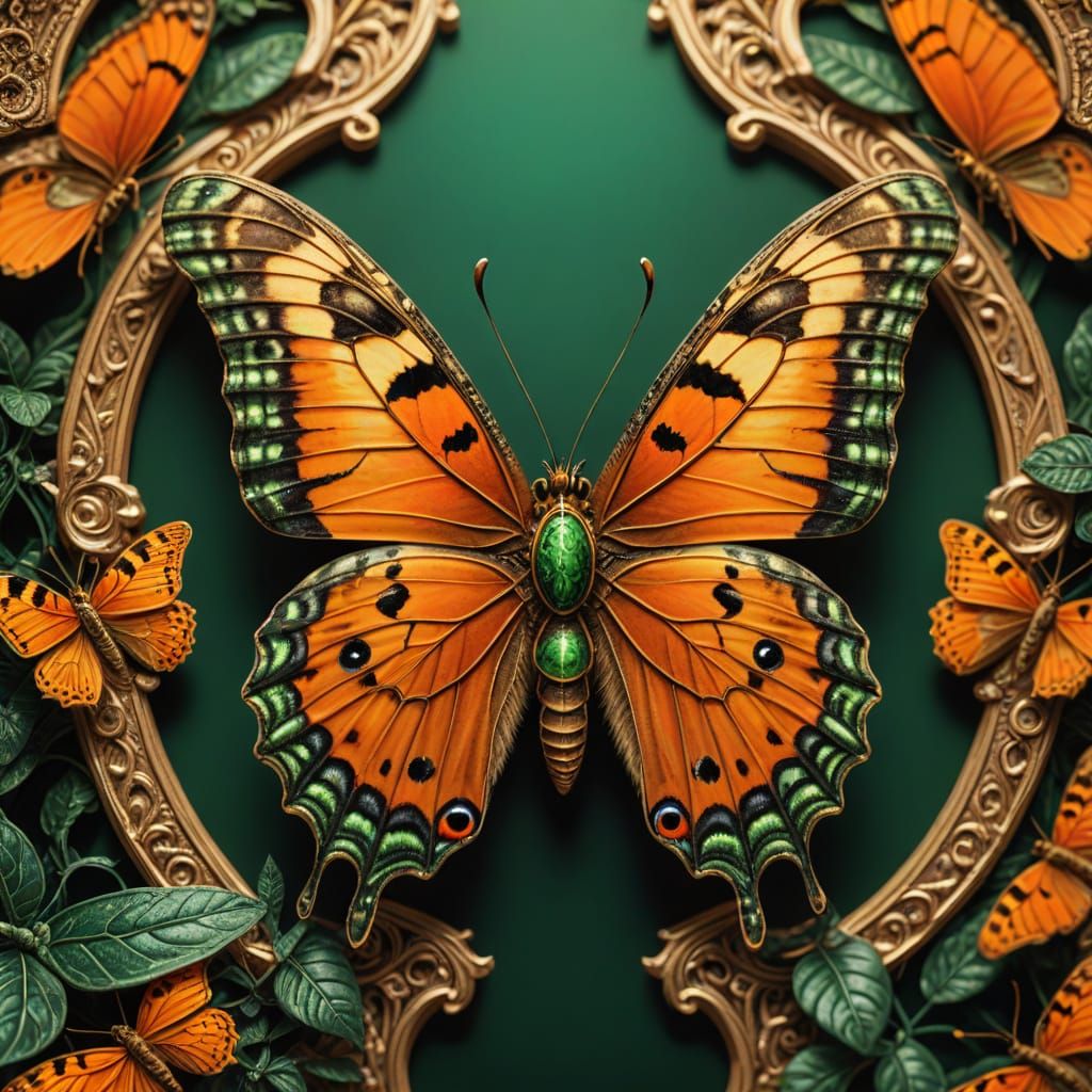 Surreal Monochromatic Butterfly Portrait in Ornate Frame