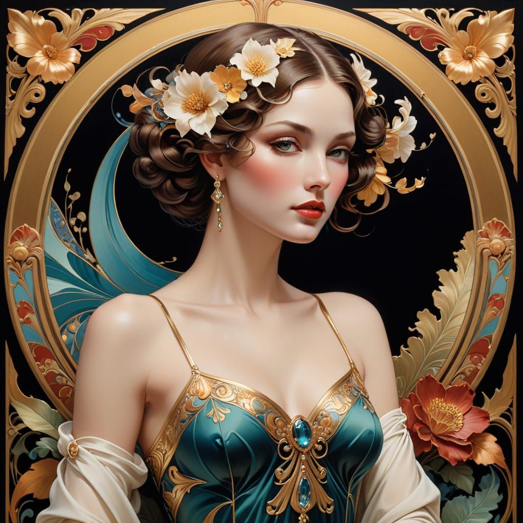 Glamorous Art Deco Portrait with Flowing Floral Curves