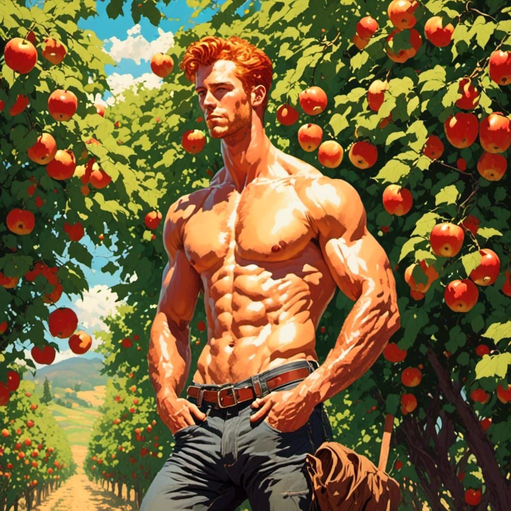 Redhead Farmer Tending Apple Orchard in Summer