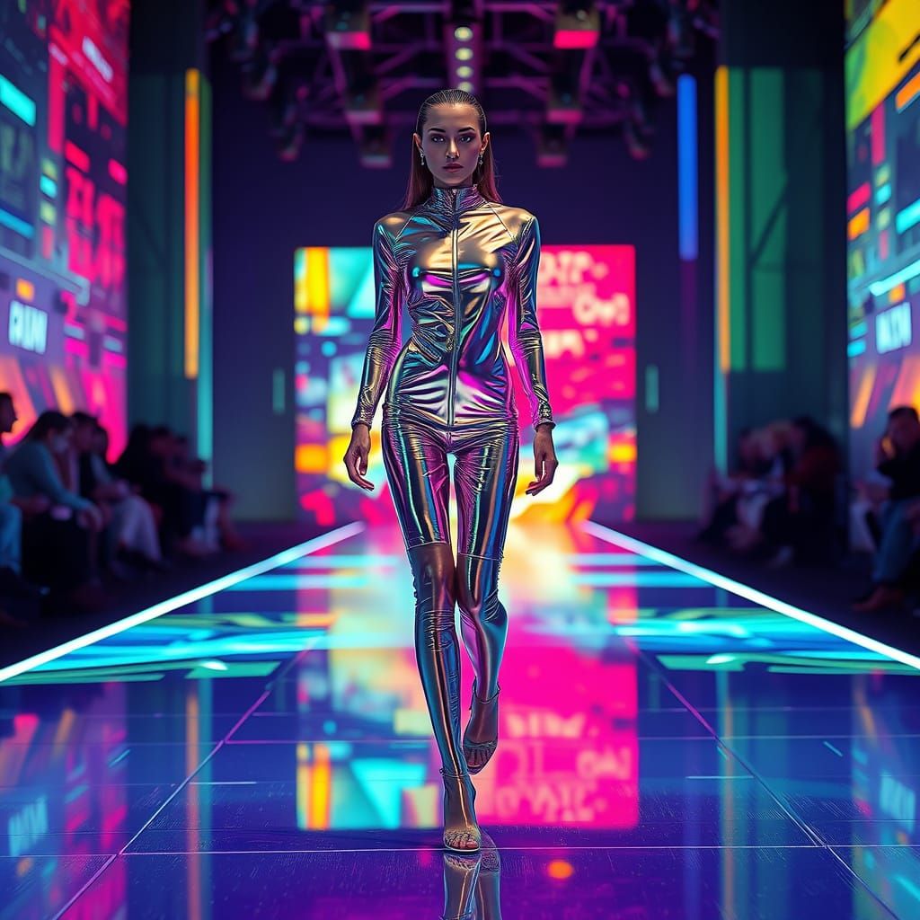Futuristic Model on Runway in Digital Art Style