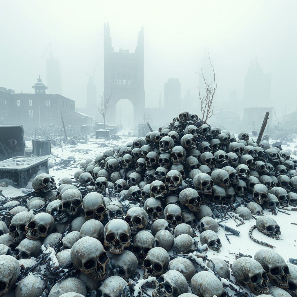 Dystopian Winter Landscape with Ruined City and Human Skulls