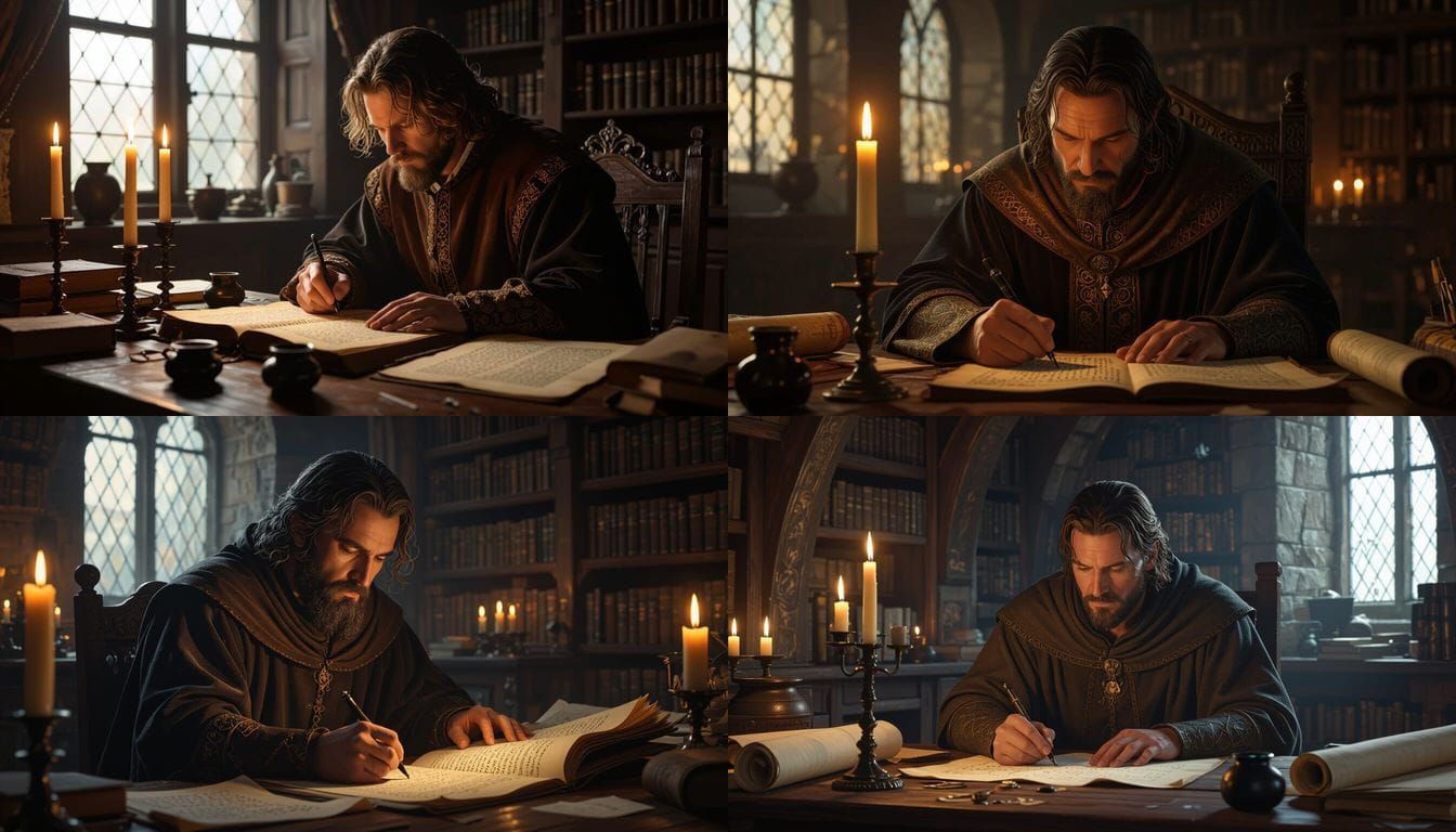 Medieval Scribe Writing by Candlelight