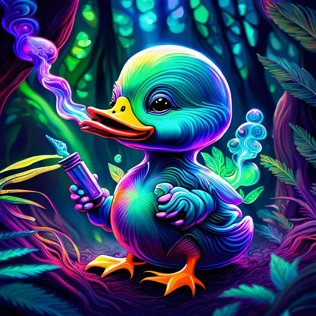 Alien Duckling in Galactic Forest, Mixed Media Illustration