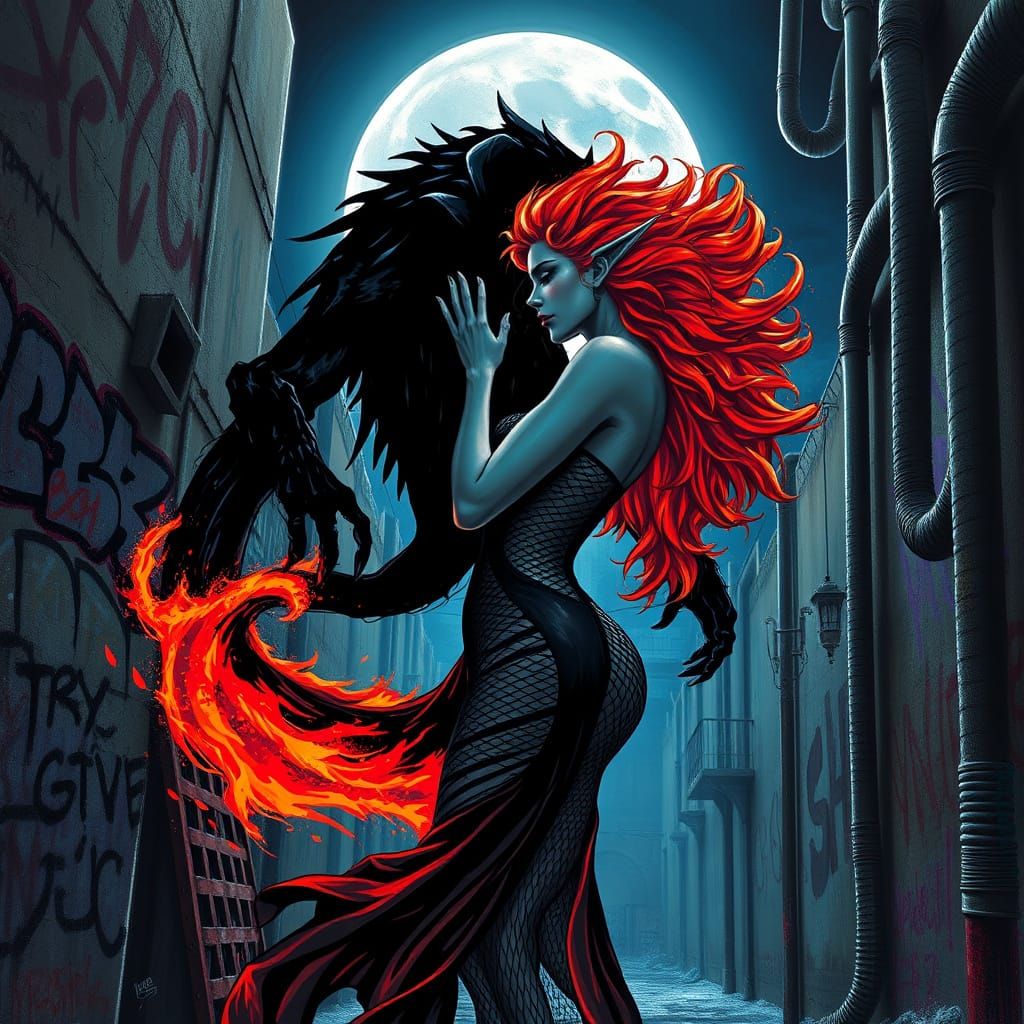 Surreal Goddess Unites with Urban Beast in Vibrant, High-Con...