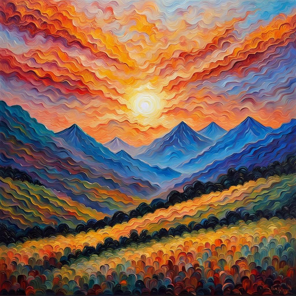 Mountain Sunrise in Post-Impressionist Impasto Style