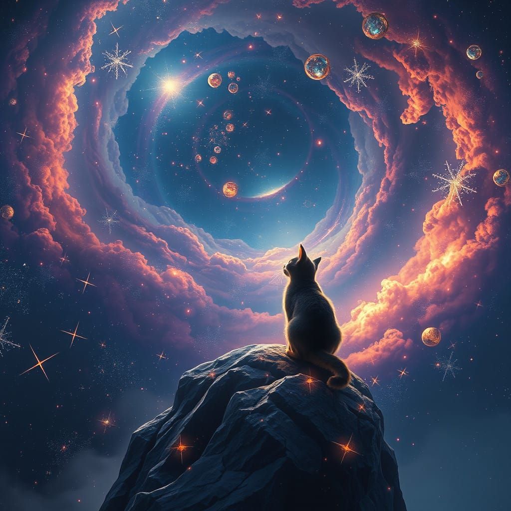 Whimsical Feline Gazing at a Vibrant Cosmic Galaxy