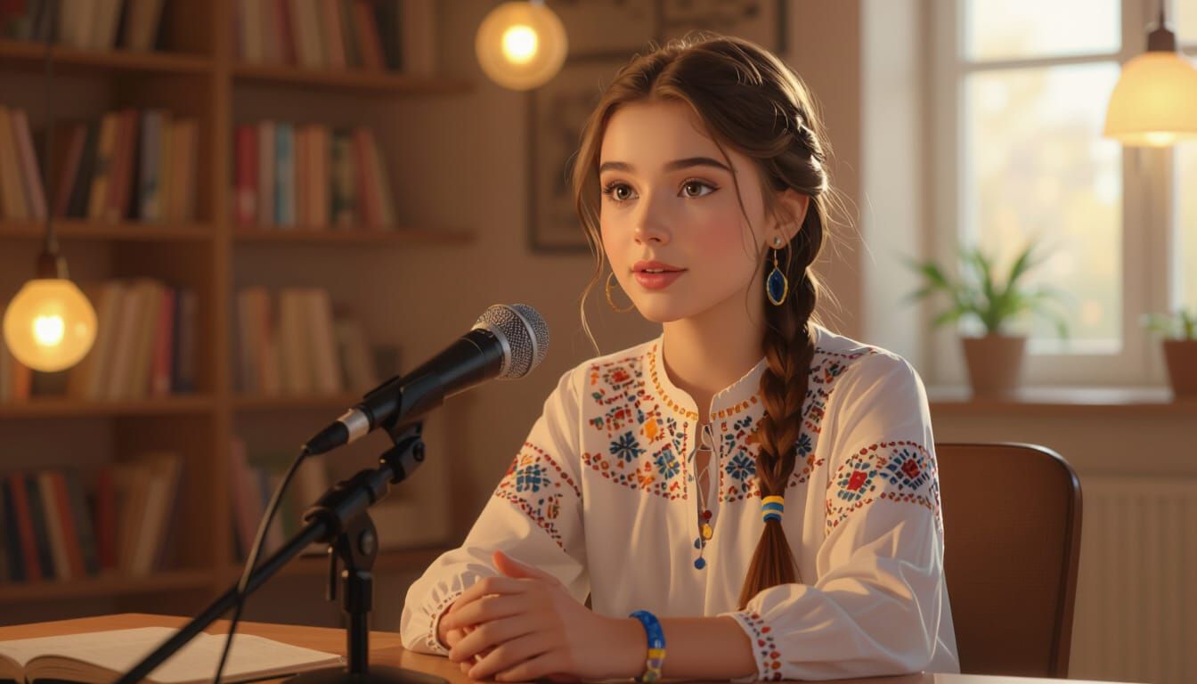 Young Ukrainian Girl Speaks at Microphone in Cozy Studio