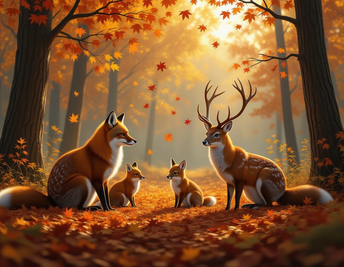 Vibrant Autumn Forest with Wildlife Playing in Fallen Leaves