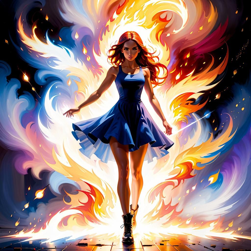 Girl Wielding Fire Magic in Painterly Style