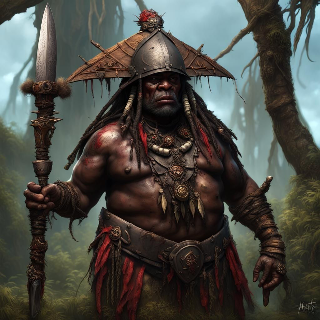 Tribal Voodoo Dwarf Warrior in a Swamp