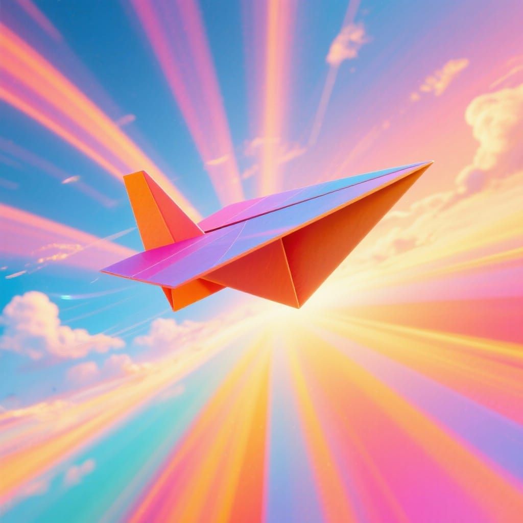 Vibrant Paper Airplane Soars Through Radiant Sky