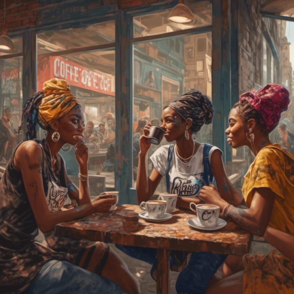 Four Black Women at Coffee Shop in Graffiti Style