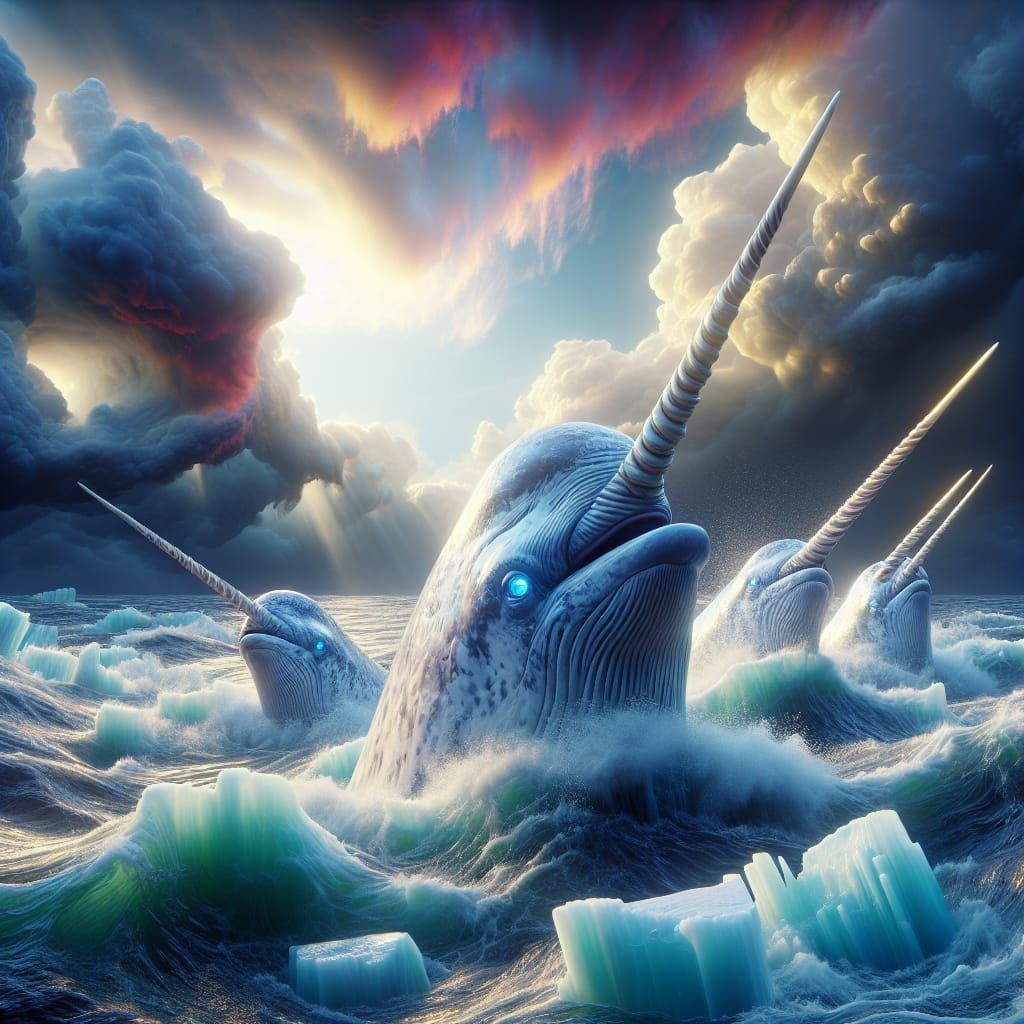 One-Eyed Narwhals Breaching Stormy Sea