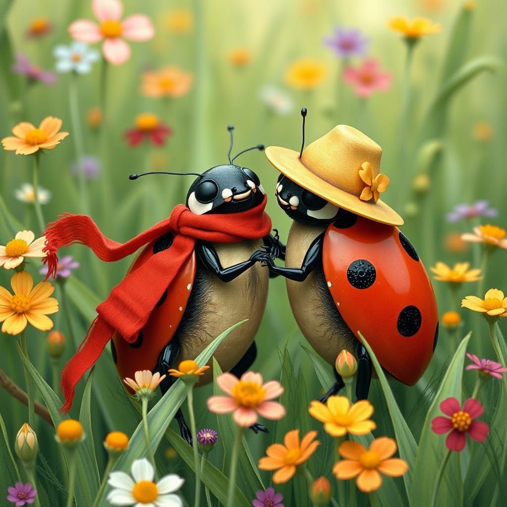 Ladybugs in Whimsical Garden
