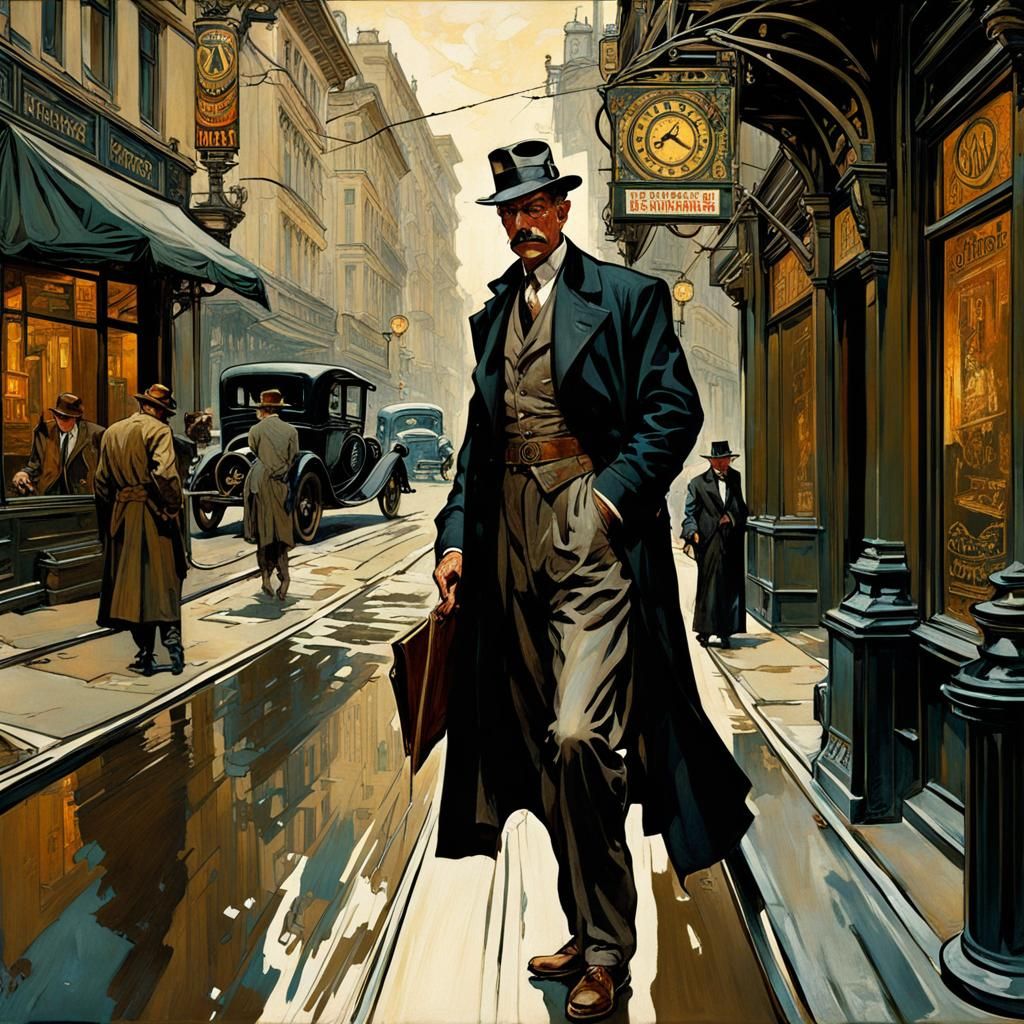 Noir Detective in Art Nouveau Cityscape