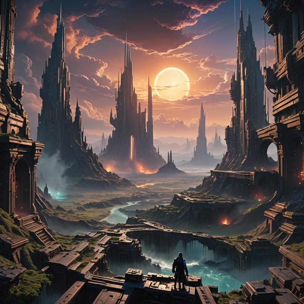 Alien Cityscape with Glowing Portal: Digital Matte Painting