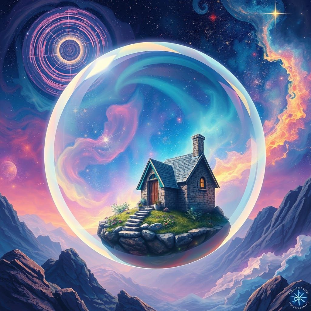 Cosmic Bubble Cottage in Astral Landscape