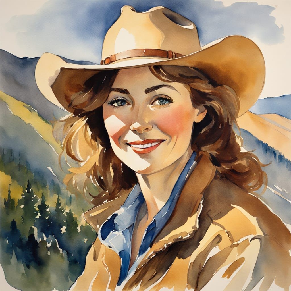 Sunrise Cowgirl Portrait in Post-Impressionist Watercolor St...
