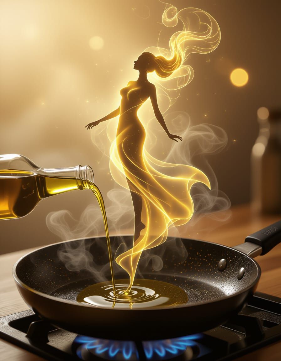 Golden Olive Oil Vapor Woman: Photorealistic Fantasy Render
