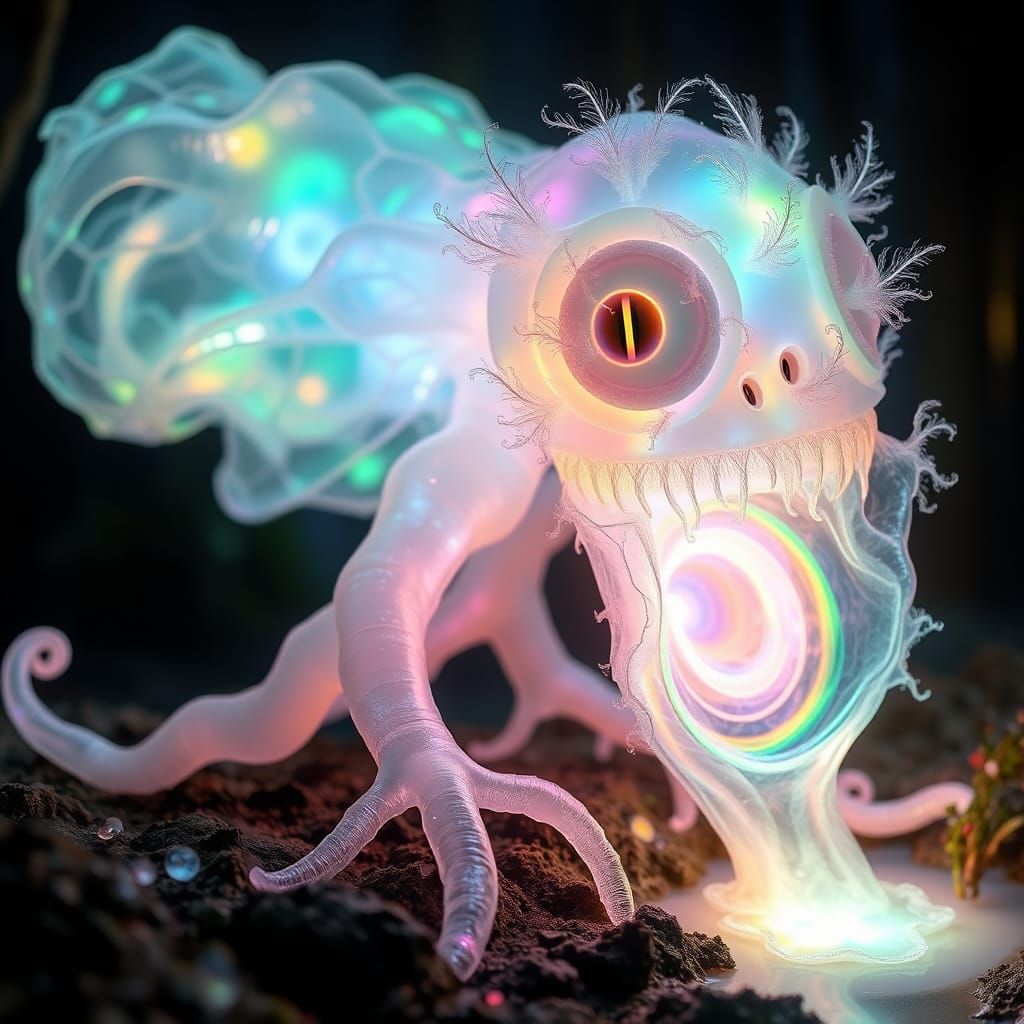 Iridescent Slime Mold Creature in Bioluminescent Forest