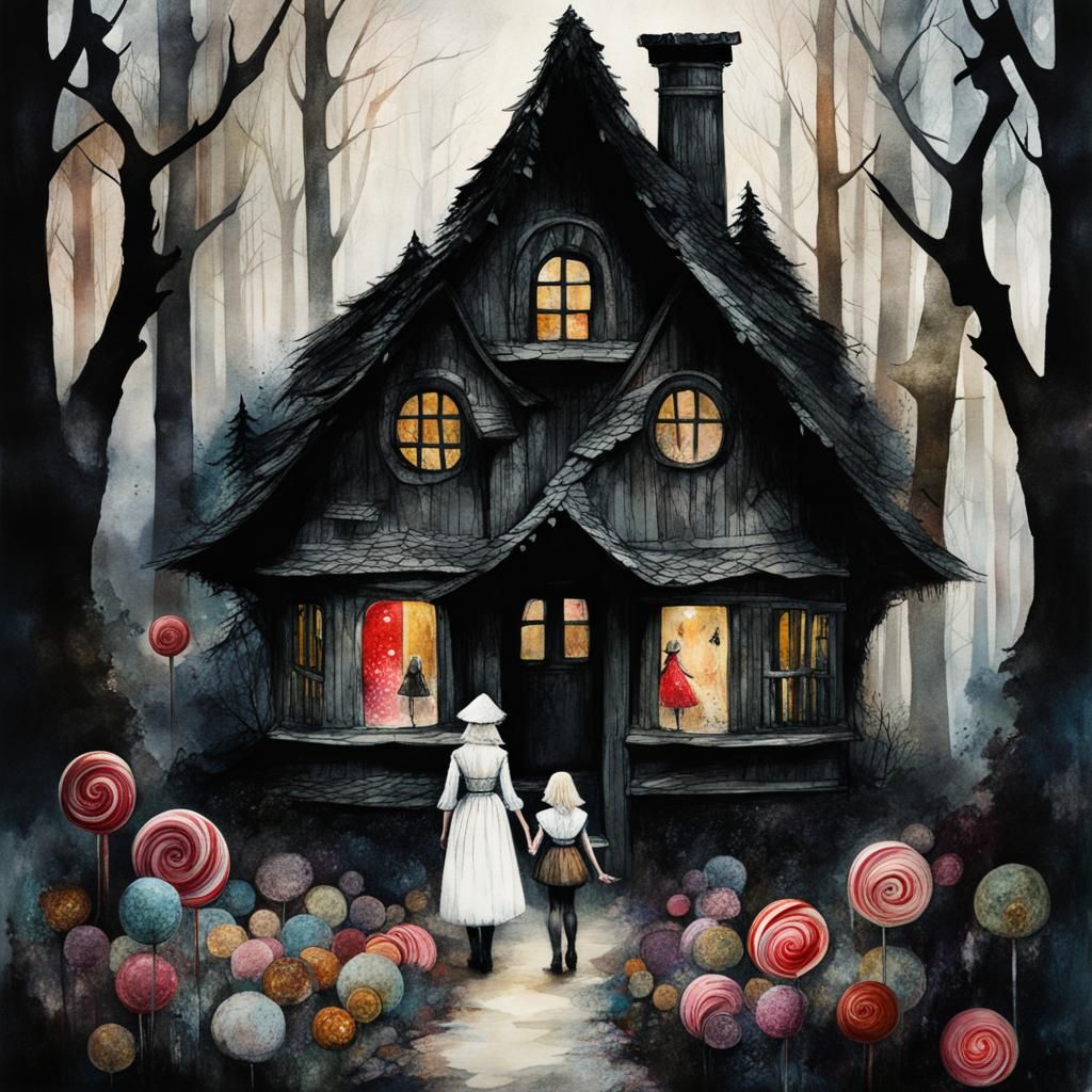 Hansel and Gretel in Dark Forest: Watercolor Collage