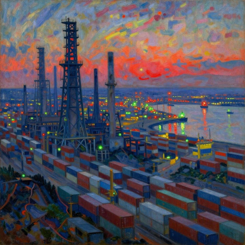 Industrial Harbour Landscape: Cargo Container Mountains & St...