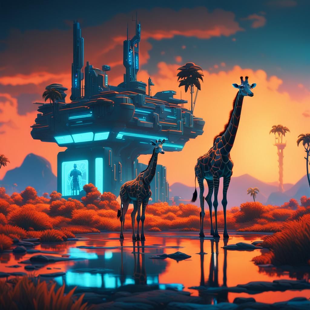 Cyberpunk Island Floating Above Giraffe, Cinematic Style