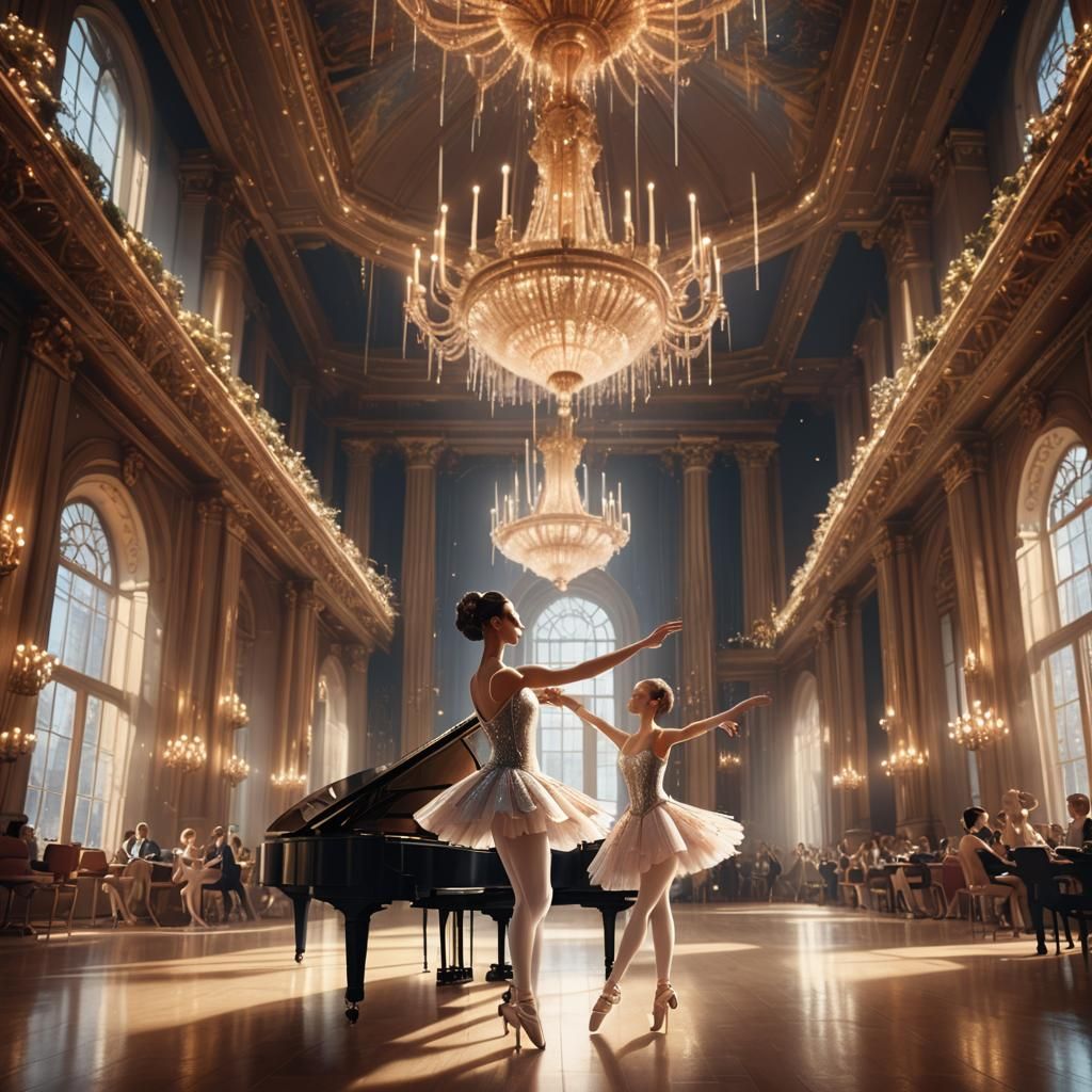 Pianist and Ballet Dancers in Shimmering Concert Hall