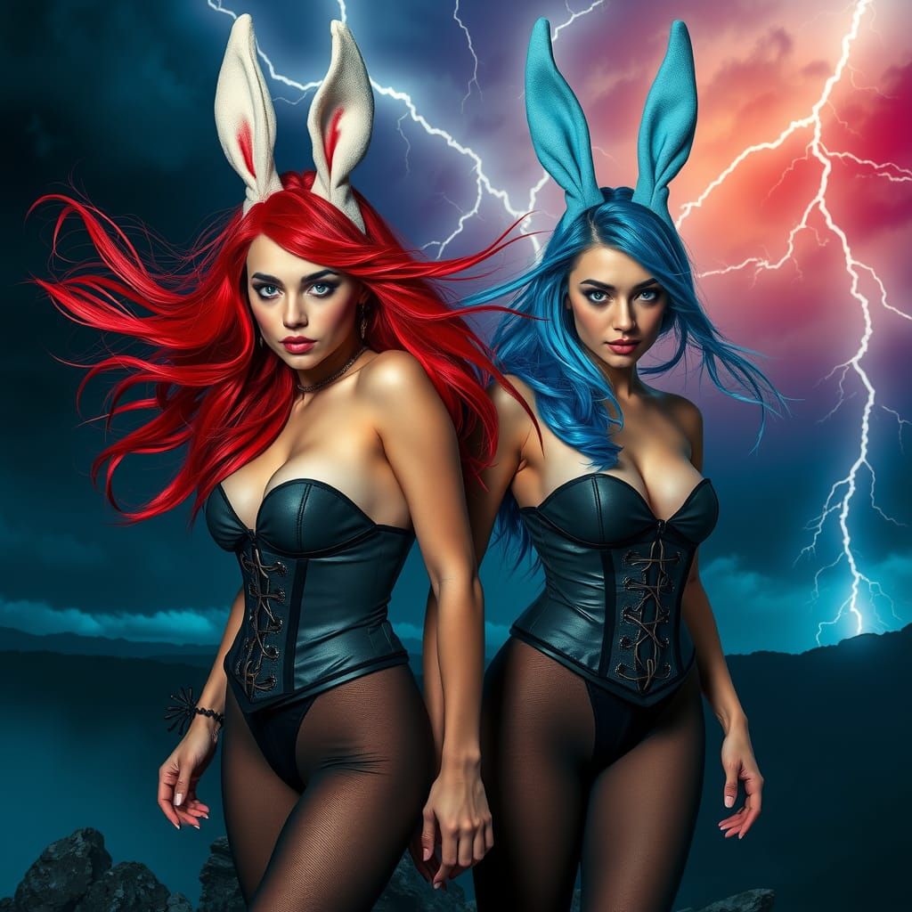 Playboy Bunnies on Stormy Summit in Hyperrealistic Style