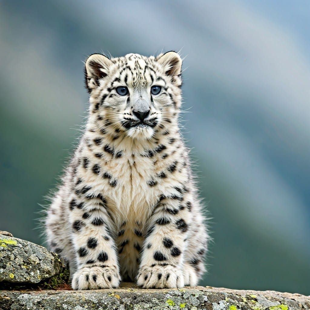 Majestic Baby Snow Leopard in Misty Mountains