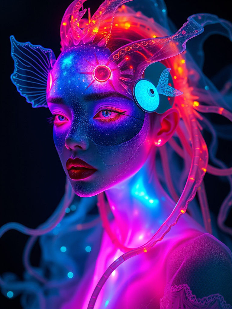 Bioluminescent Angel Fish Visage in a Dreamlike Sea